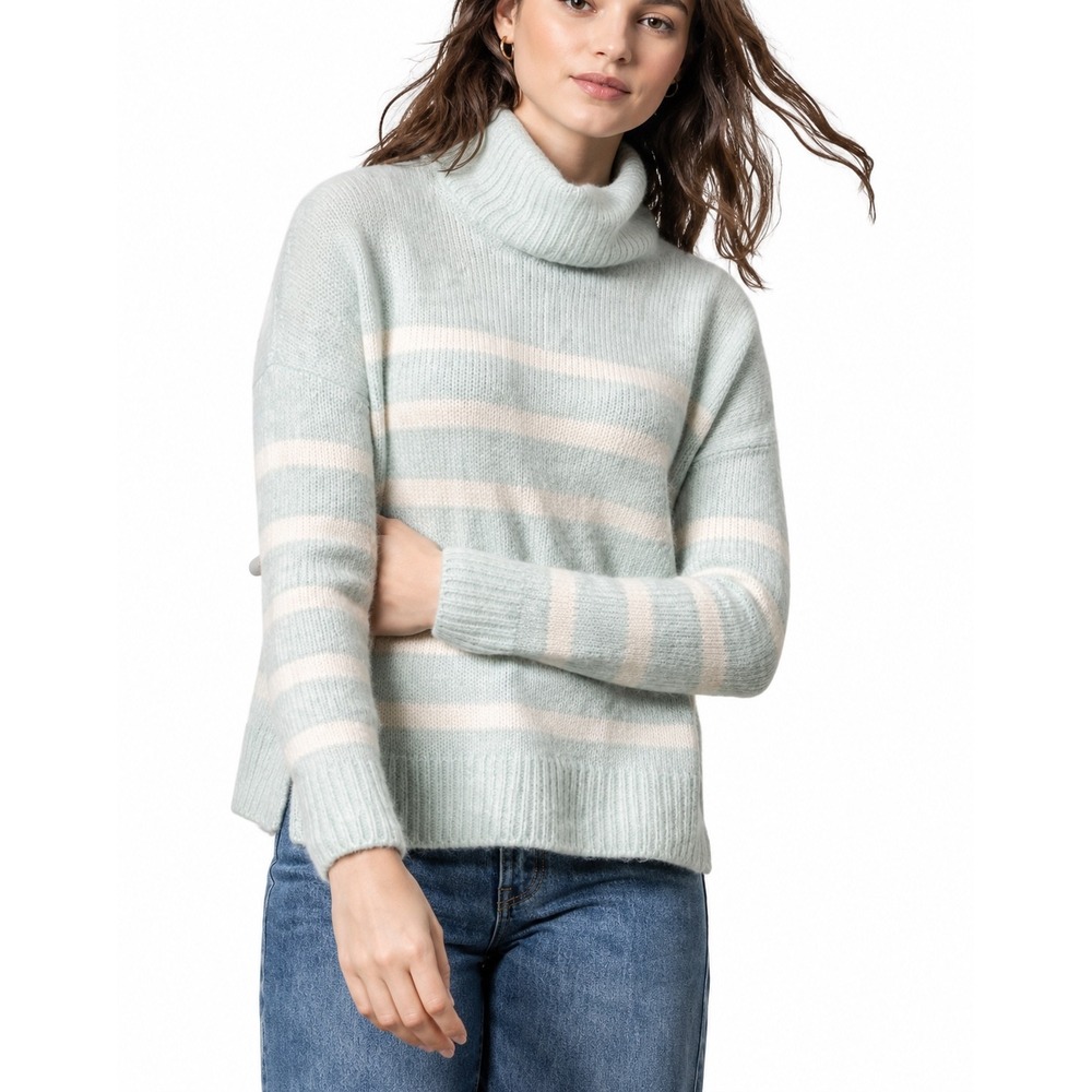 Lilla P Mint Blue Striped Turtleneck Sweater Size Small Soft Cozy